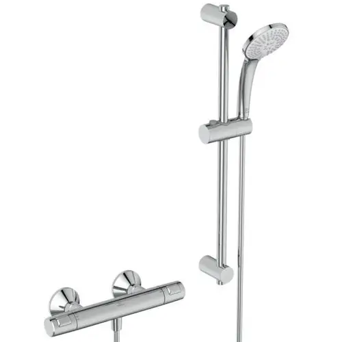Brausethermostat und Brausestange in Chrom von Ideal Standard, bestehend aus einem Thermostat mit zwei Griffen und einer flexiblen Handbrause an einer höhenverstellbaren Stange.